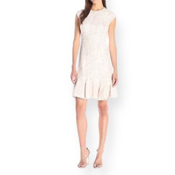 NANETTE LEPORE PASTEL TWEED FRAYED EDGE FLOUNCE DRESS PINK COPPER THREAD SIZE 16 - Picture 2 of 16